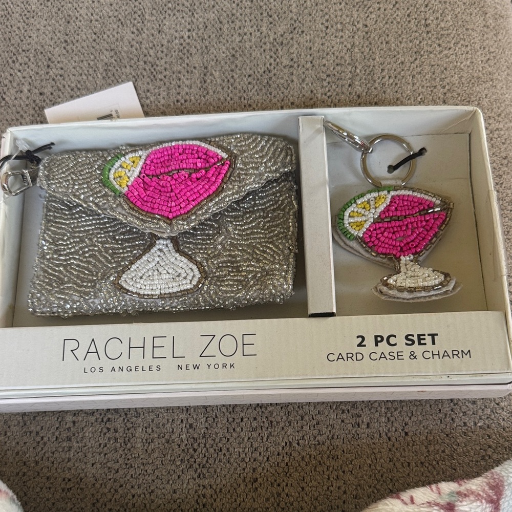 Rachel Zoe Silver Beaded Card Case with Pink Cocktail Charm